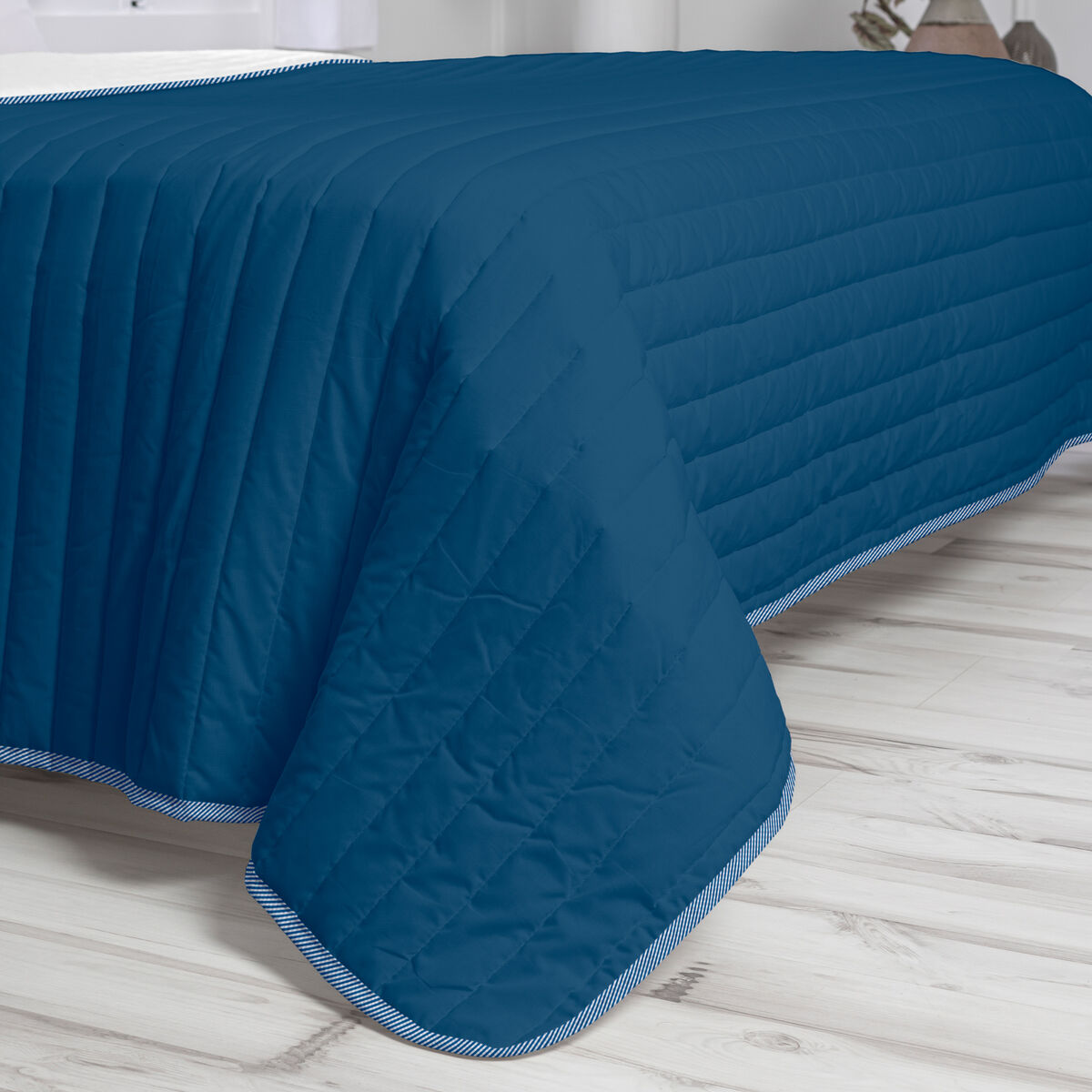 Sengetæppe med to sider HappyFriday Basic Dash Hvid Marineblå 180 x 260 cm